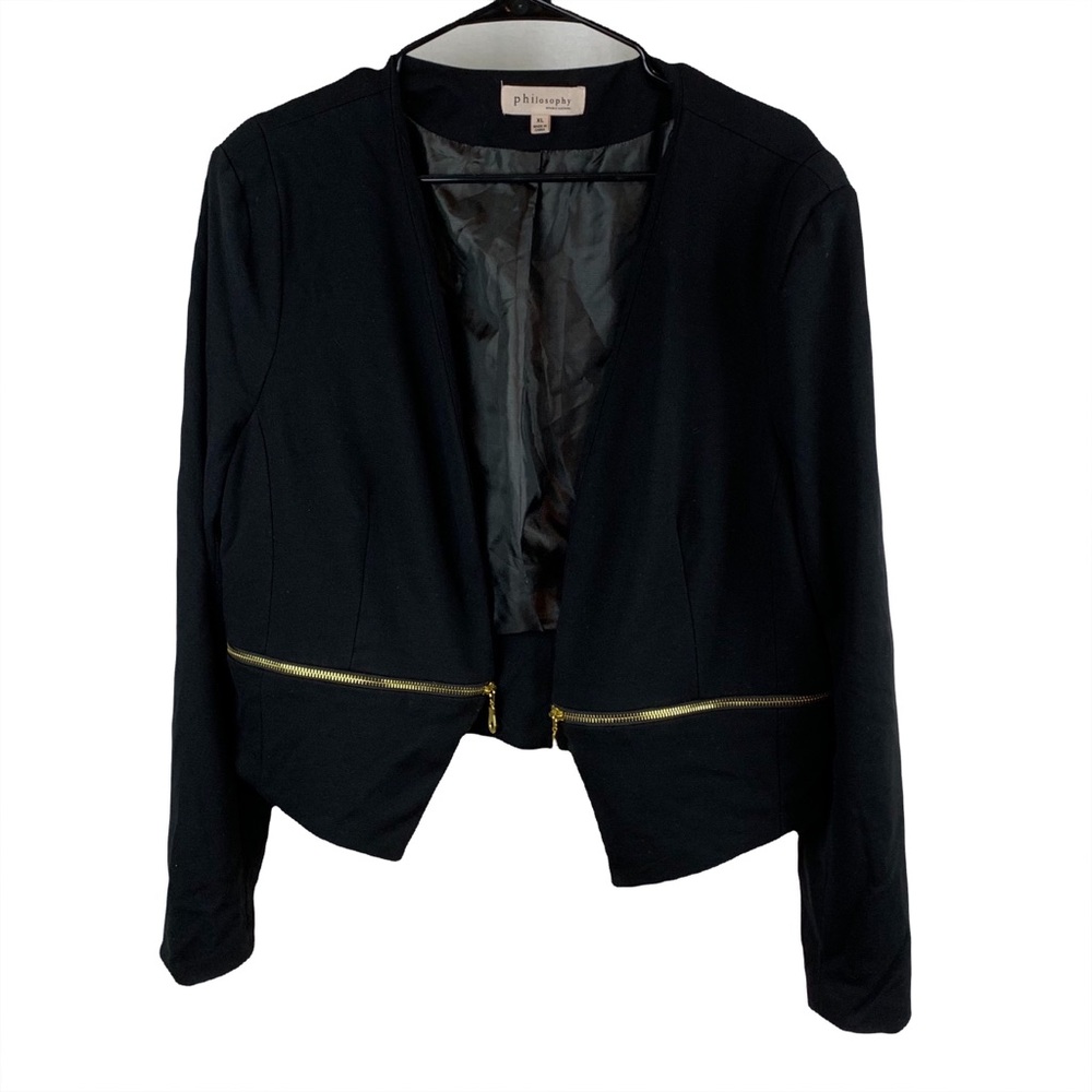Philosophy black blazer with gold zipper accents, size XL